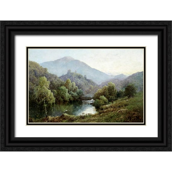 De Breanski, Alfred 14x10 Black Ornate Wood Framed with Double Matting Museum Art Print Titled - English Mountain Lake