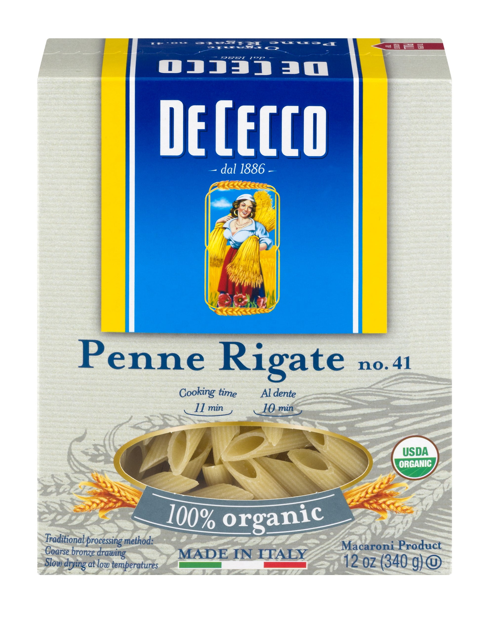 De Cecco 100% Organic Penne Rigate No.41 Pasta, 12 oz, Gluten-Free