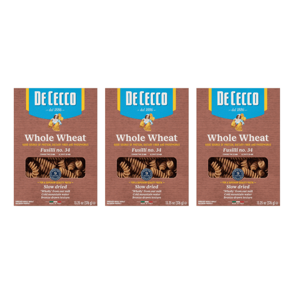 De Cecco 100% Whole Wheat Fusilli No.34 Pasta, 13.25 oz (Pack of 3)