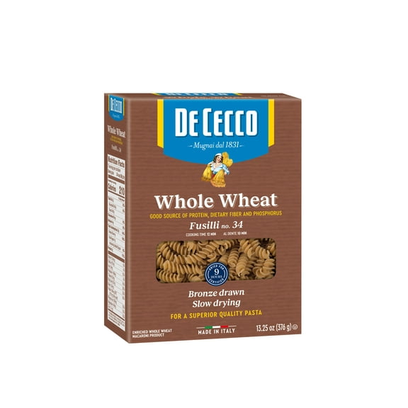 De Cecco 100% Whole Wheat Fusilli No.34 Pasta, 13.25 oz, Premium Durum Semolina