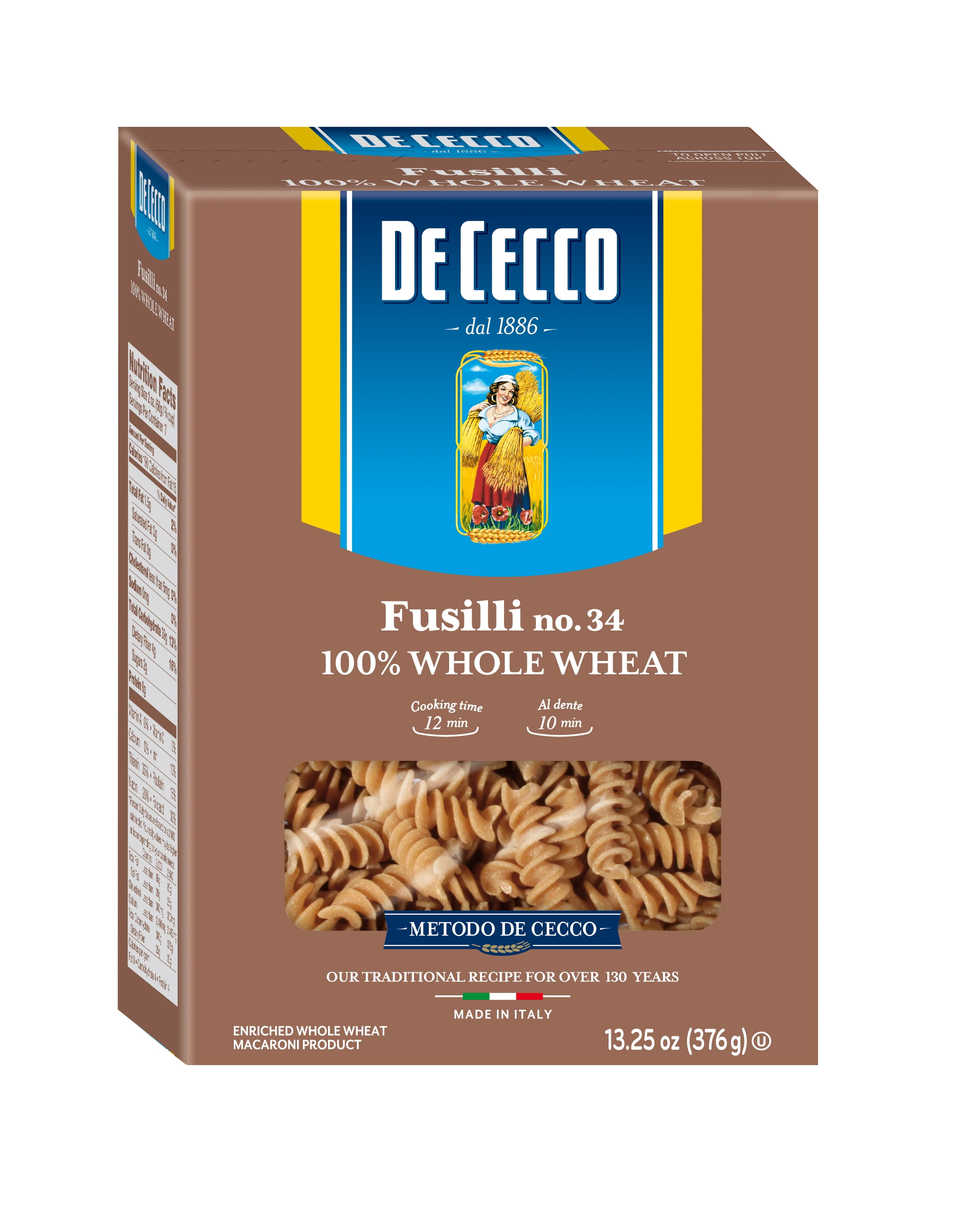 De Cecco 100 Whole Wheat Fusilli No.34 Pasta, 13.25 oz