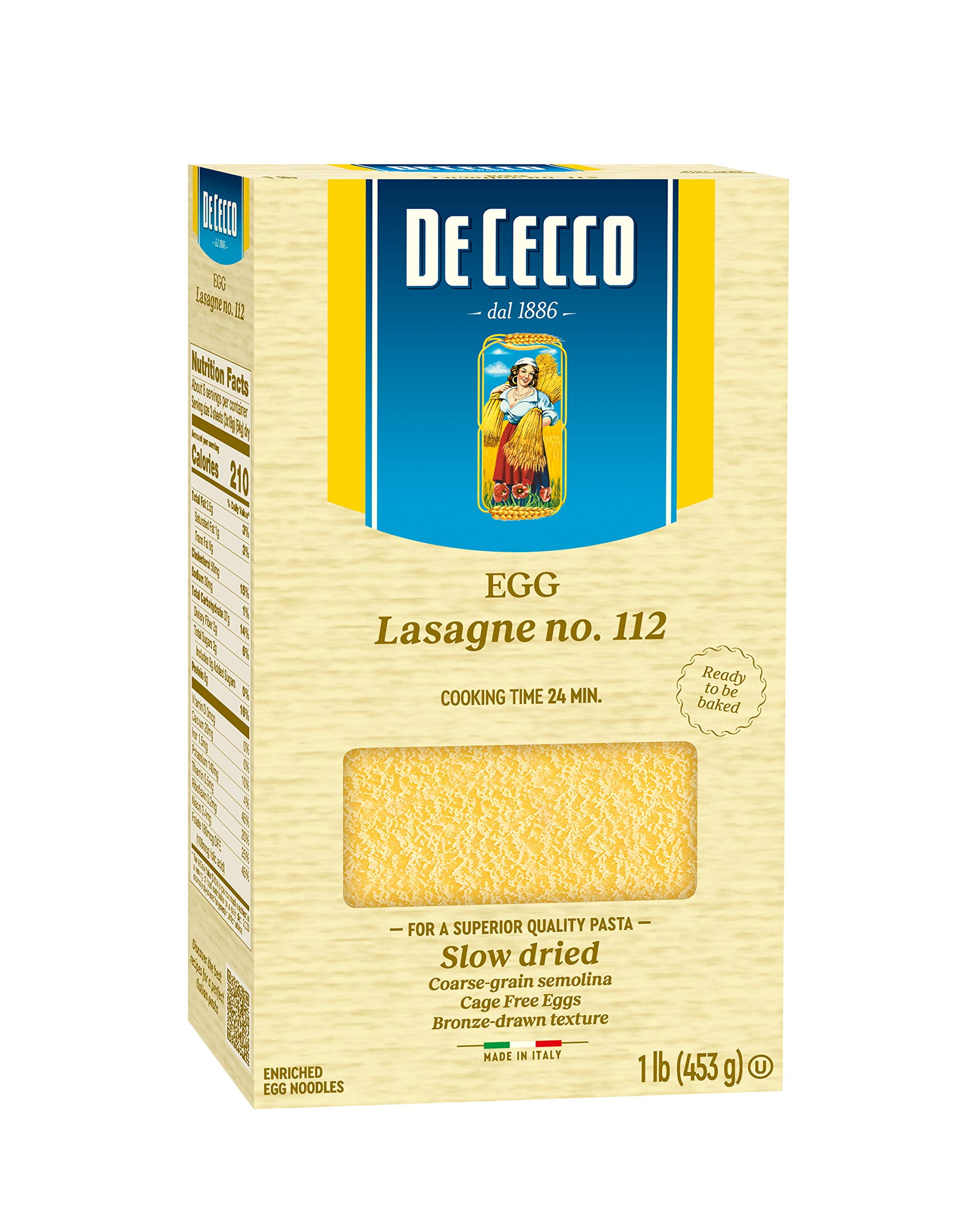 De Cecco Egg Pasta, Egg Lasagna No.112, 16 Oz Serving Size 3 Sheets