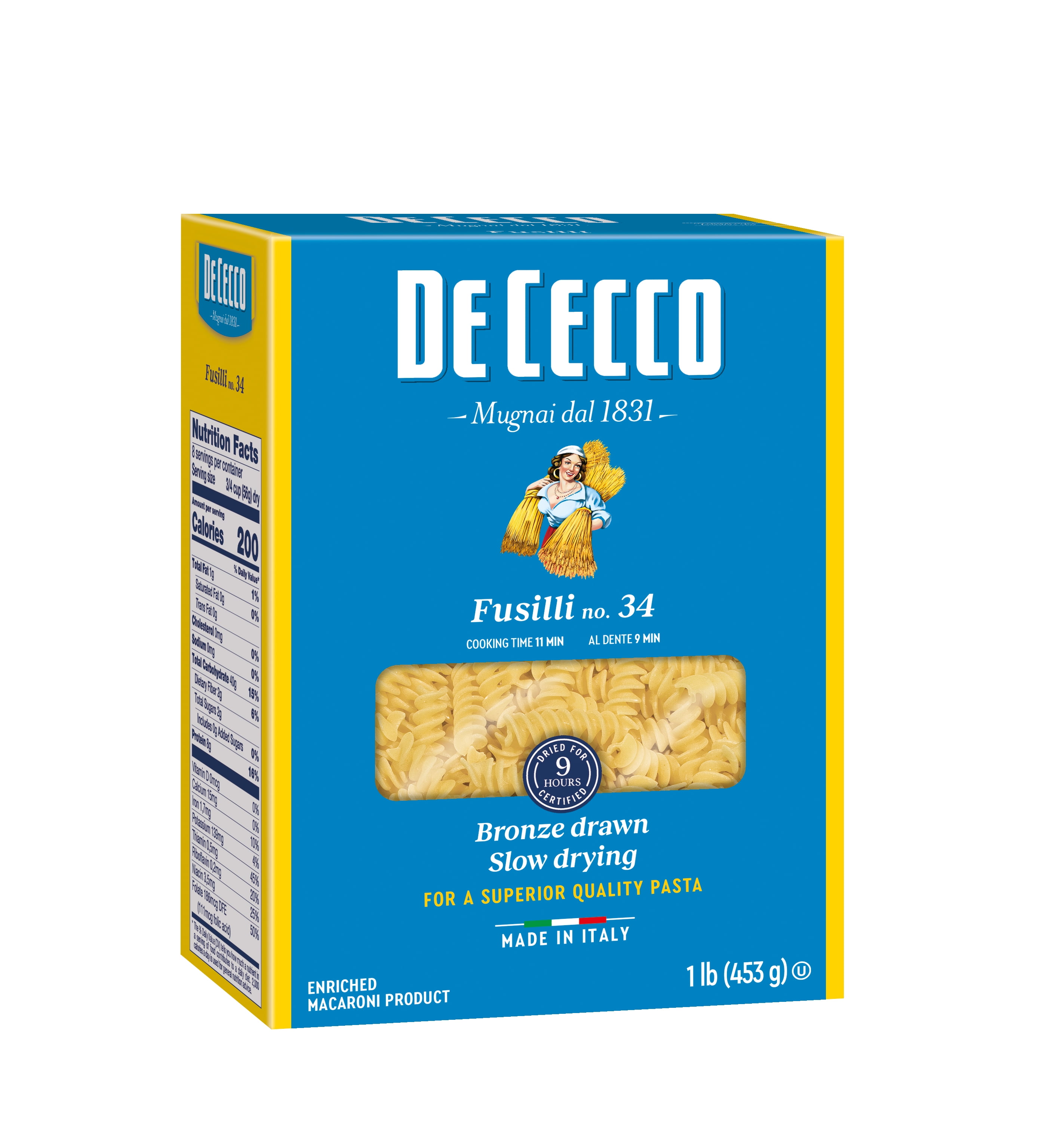 De Cecco Fusilli No.34 Pasta, 16 oz  Contains Wheat, No Dairy, Soy, Peanuts, Tree Nuts, or Sesame