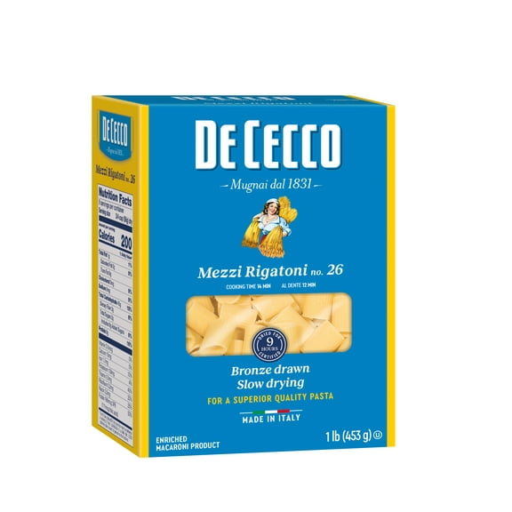 De Cecco Mezzi Rigatoni Pasta, 1 lb Imported from Italy. Non GMO
