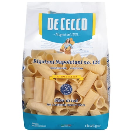 De Cecco Rigatoni Napoletani No. 124 Pasta, 16 oz – 100% Durum Wheat Semolina, Kosher, Contains Wheat, Free from Dairy, Eggs, and Nuts