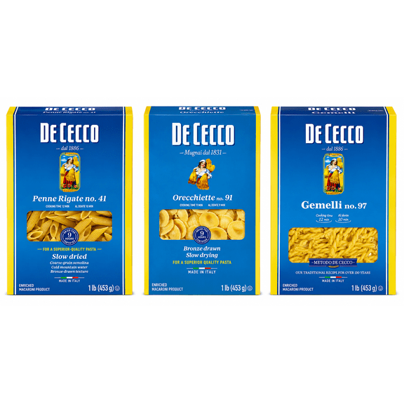 De Cecco Semolina Pasta Variety Pack, Penne Rigate, Orecchiette & Gemelli, 3 Boxes, Made in Italy, 48 Oz