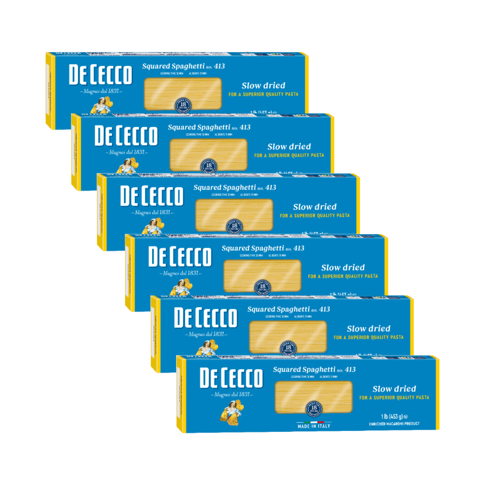 De Cecco Squared Spaghetti no.413, 16 oz Pack of 6, Bronze Cut