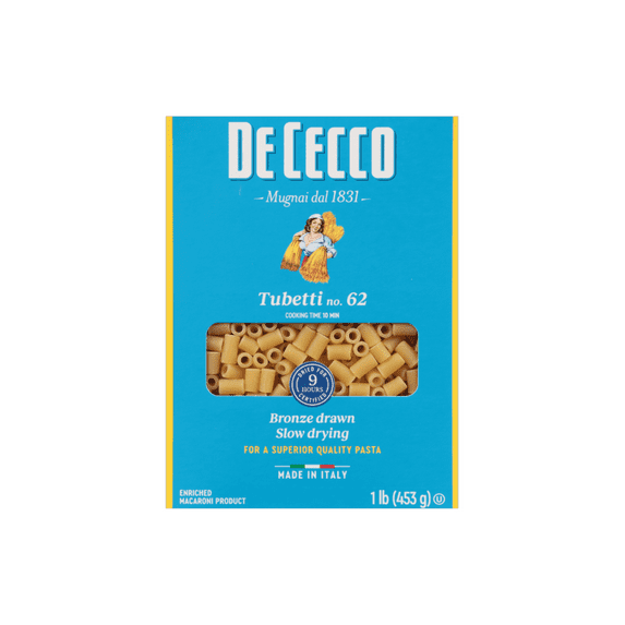 De Cecco Tubetti No.62 Dry Pasta, 1 lb Box – Contains Wheat, No Dairy, Soy, Peanuts, or Tree Nuts