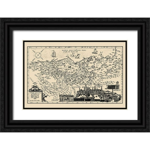 De Jode 24x17 Black Ornate Wood Framed with Double Matting Museum Art Print Titled - Holy Land with Jerusalem Israel - De Jode 1578