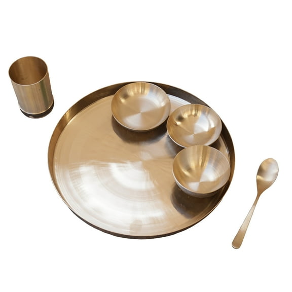 De Kulture Works Ayurveda Pure Kansa Bronze Dinner Set Platinum Solid Dinnerware Thali Set Gold, 6 Pieces ( 1 Platter, 2 Bowl, 1 Dessert Bowl, 1 Spoon and 1 Tumbler)