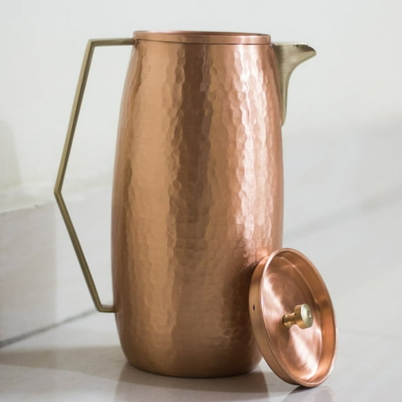 De Kulture Works Handcrafted Pure Copper Water Pitcher Jug with Lid, 9 Height inches