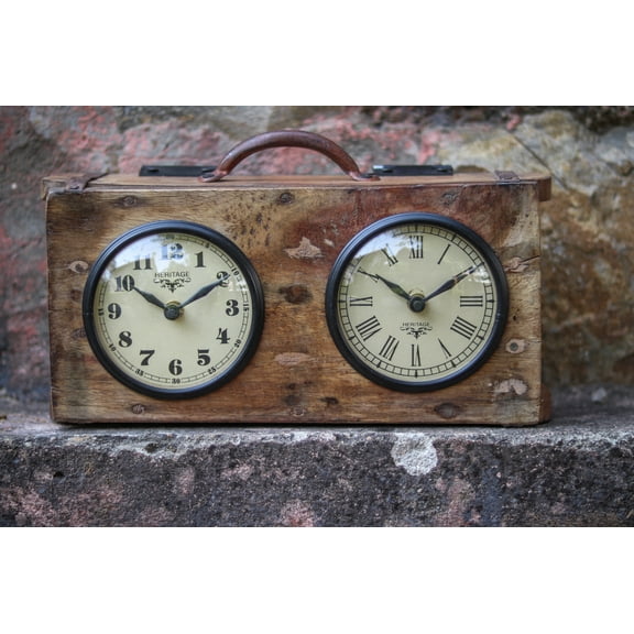 De Kulture Works Handcrafted Reclaimed Wood Block Maker Dual Dial Vintage Table Clock Collectible Timepieces, 31x17 CMS (LW)