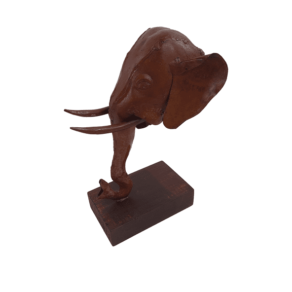 De Kulture Works Handcrafted Recycled Iron Elephant Head On Stand Small Natural Rustic Antique Decorative Collectible Figurine Showpiece | Ideal For Garden Decoration, 6.5X5X9.5 (LWH) INCHES