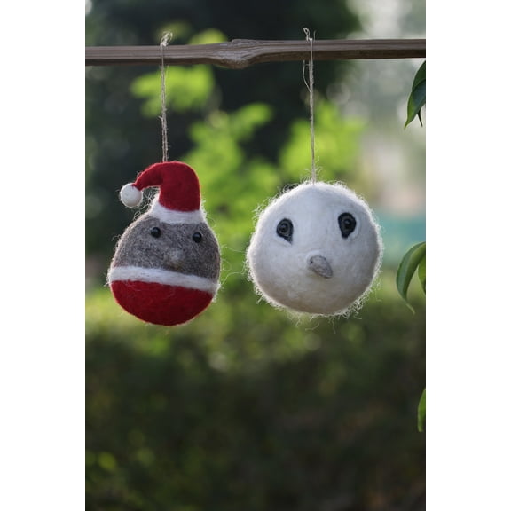 De Kulture Works Wool Felt Robin Bird and Owl Bauble, Set of 2 Eco Friendly Needle Felted Ornaments
