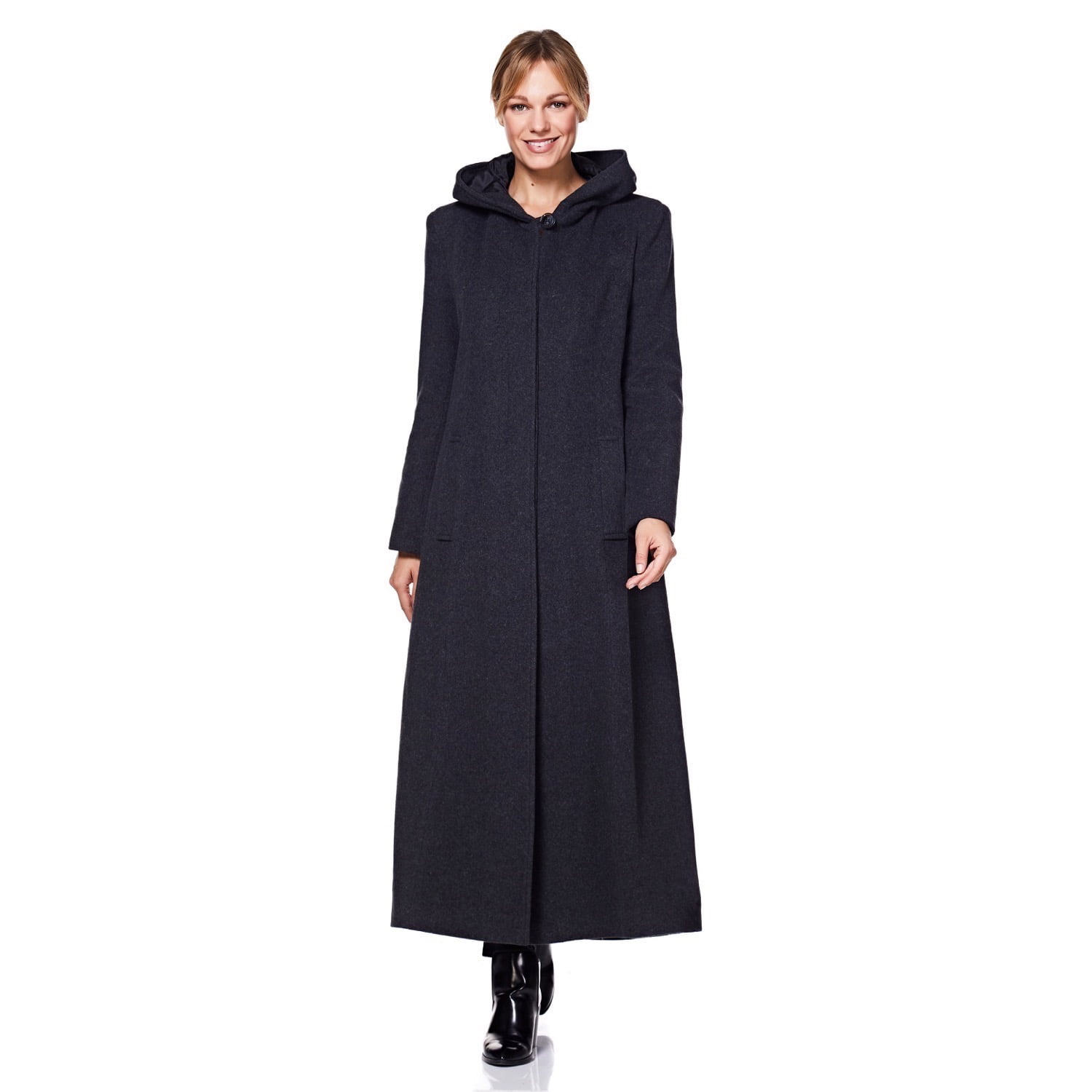 De La Crème Grey Womens Hooded Cashmere Wool Winter Long Winter Coat