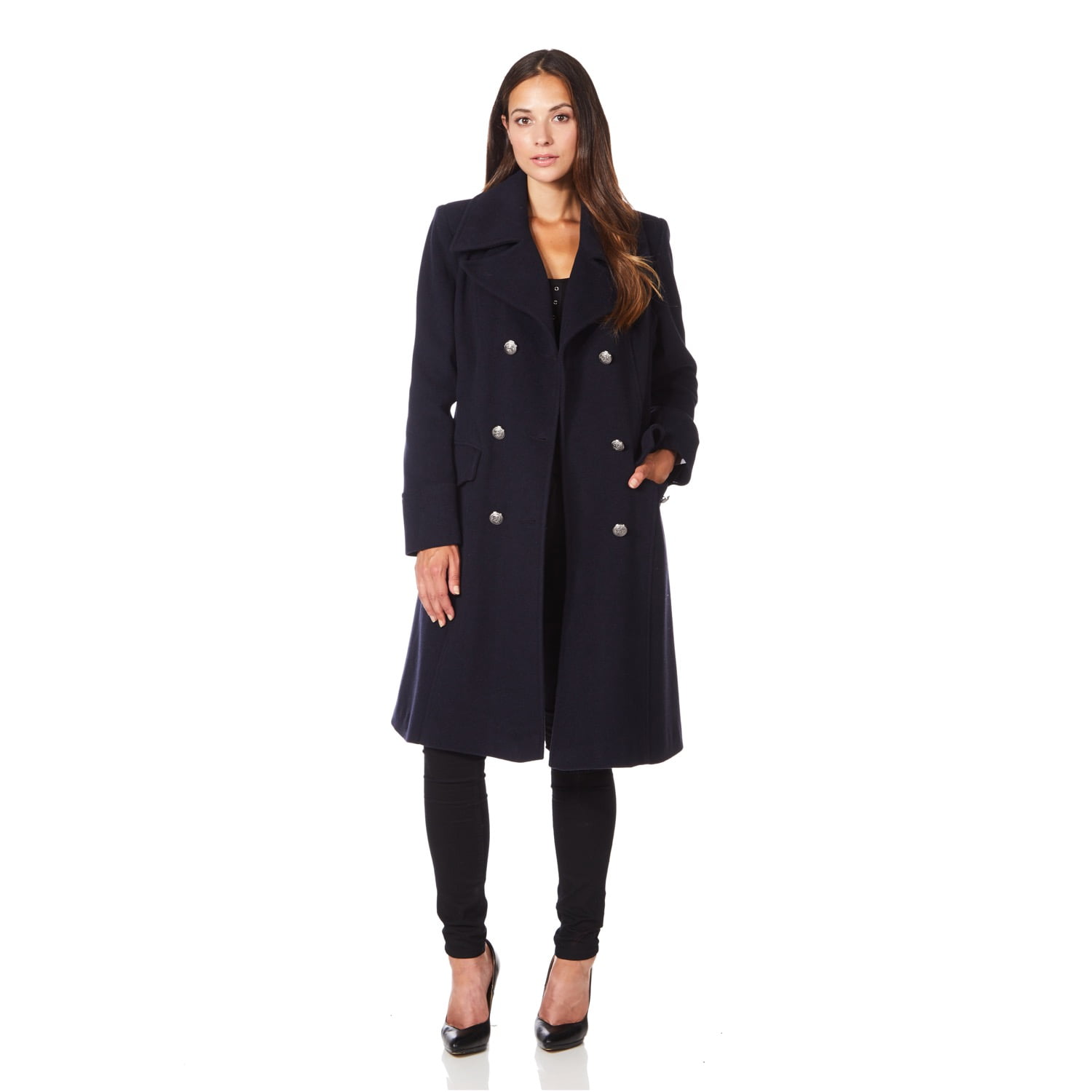 De La Creme Women`s Military Cashmere Wool Winter Coat Navy Blue Size