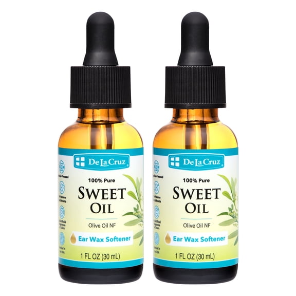 De La Cruz Olive Oil Ear Drops, 100% Pure Sweet Oil, Softens Hard Ear Wax, 1 fl Oz, 2 Pack