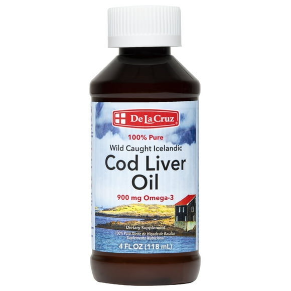 De La Cruz 100% Pure Wild-Caught Icelandic Cod Liver Oil, Omega 3 Fish Oil Supplement, 4 FL oz