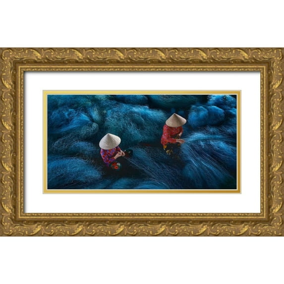 De La, Javier 14x9 Gold Ornate Wood Framed with Double Matting Museum Art Print Titled - Net Mending