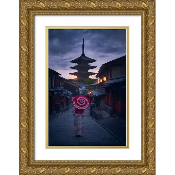 De La, Javier 17x24 Gold Ornate Wood Framed with Double Matting Museum Art Print Titled - Walking Kyoto
