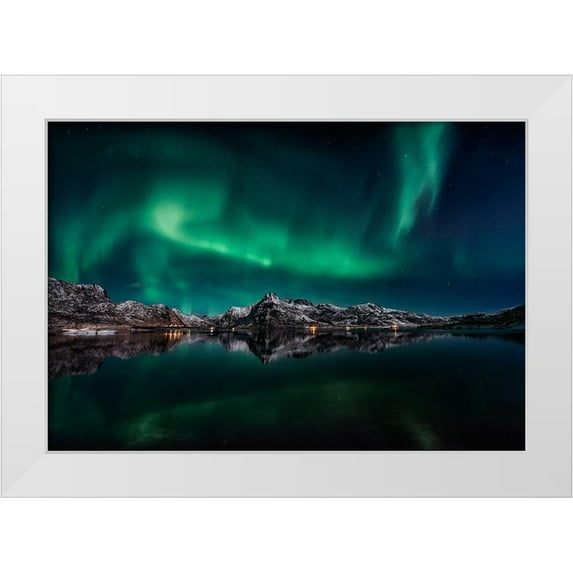 De La, Javier 18x14 White Modern Wood Framed Museum Art Print Titled - Lofoten Aurora Reflection