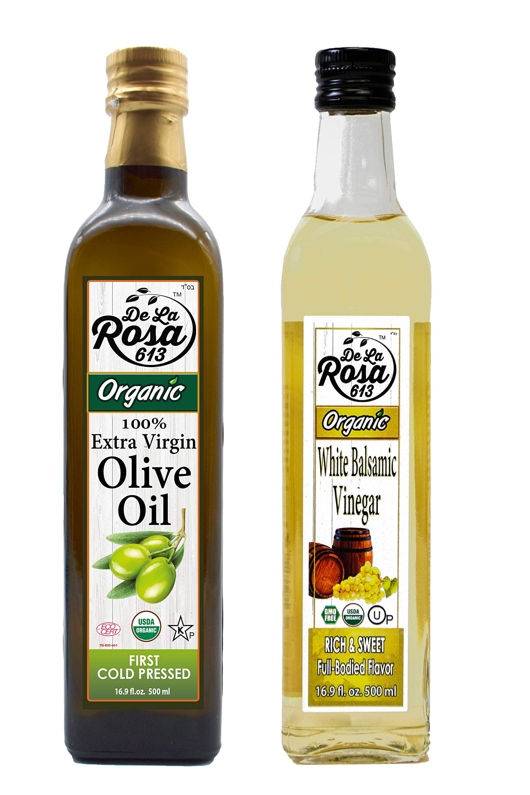 De La Rosa 613 Organic Extra Virgin Olive Oil & White Balsamic Vinegar, Kosher for Passover 16.9 oz (2 Pack)