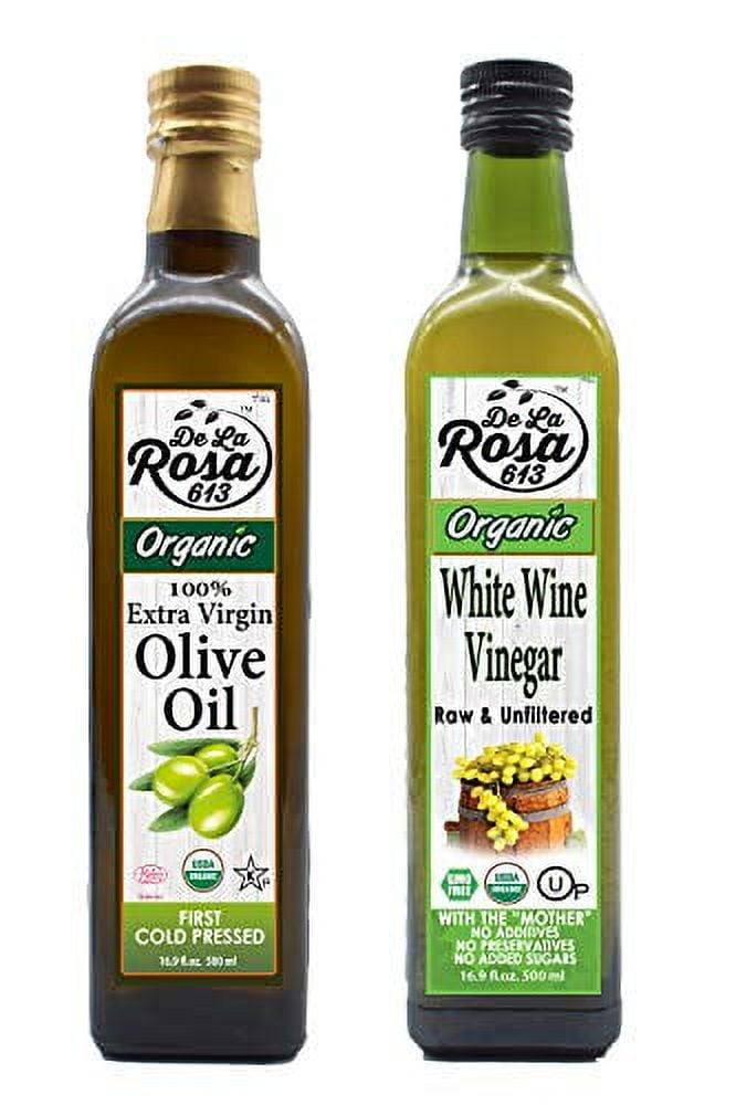 De La Rosa 613 Organic Extra Virgin Olive Oil & White Wine Vinegar, 100% Pure, Raw & Unfiltered, Vegan, Kosher, Non-GMO 16.9 Oz (Pack of 2)