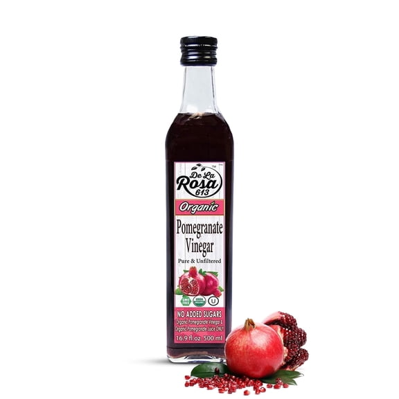 De La Rosa Organic Pomegranate Vinegar, Pure & Unfiltered, Vegan, Gluten Free & Kosher, Great for Salad Dressing, Marinades 16.9 oz (pack of 1)