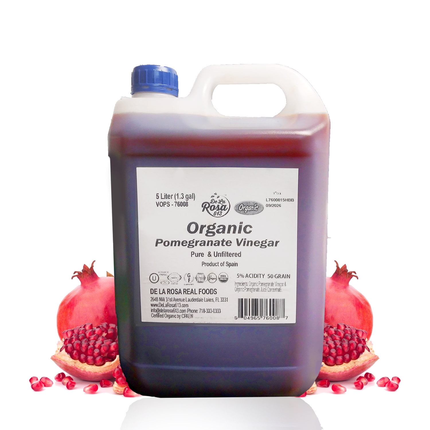 De La Rosa 613 Organic Pomegranate Vinegar, Great for Salad Dressing, 5 Liters (Pack of 1)