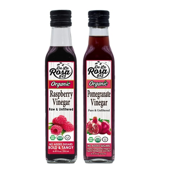 De La Rosa 613 Organic Raspberry & Pomegranate Vinegar, Raw & Unfiltered, Pure Vinegars, 8.45 Oz (2 Pack)