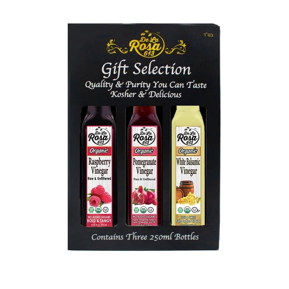 De La Rosa Organic Vinegar Gift Box, Raspberry, Pomegranate & White Balsamic Vinegar, Vegan, Kosher, Non-GMO & Gluten Free, Great for Salad Dressing, Marinades & More, 8.45 Oz (Pack of 3)