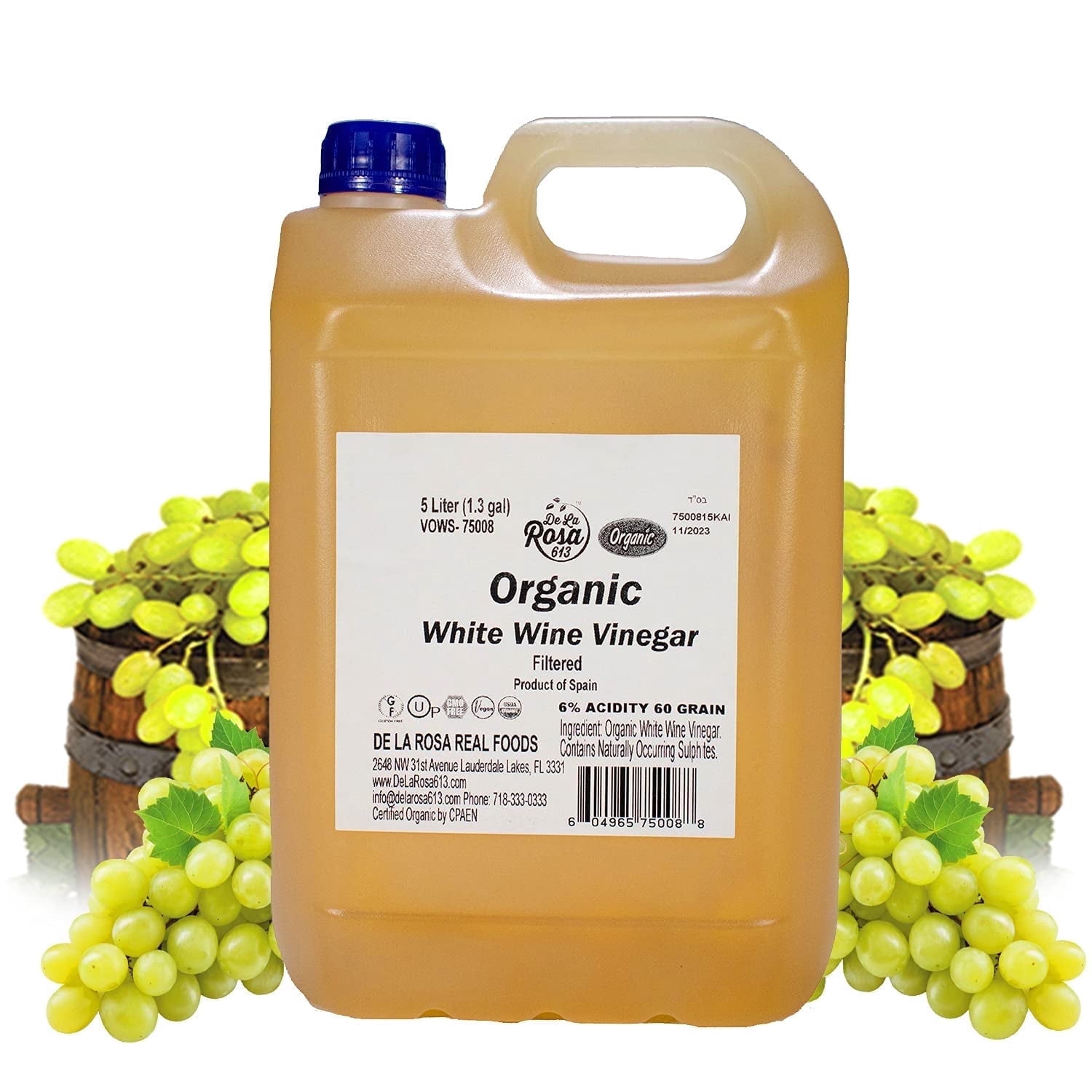 De La Rosa 613 Organic White Wine Vinegar, Filtered, Vegan, Gluten-Free, 5 Liters