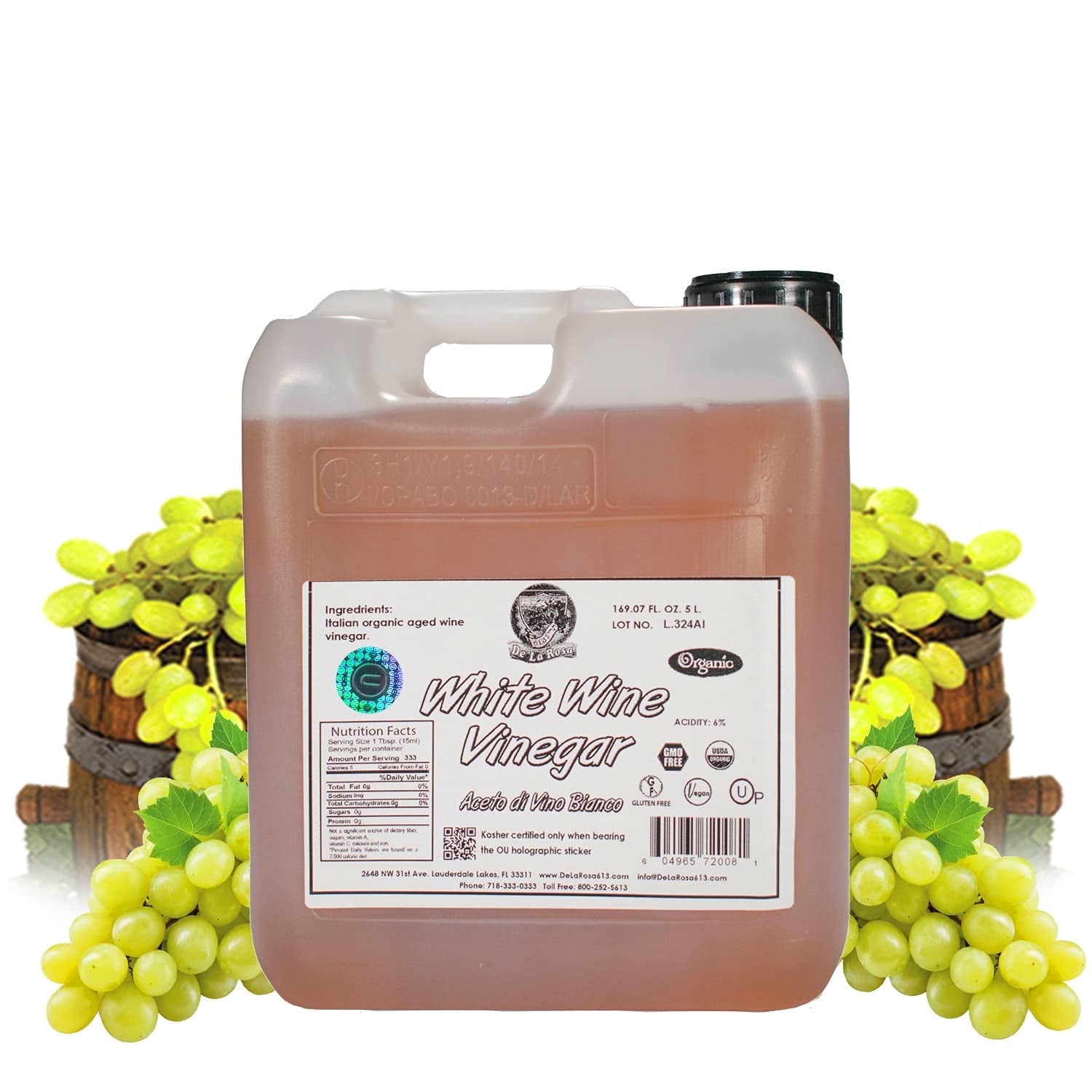 De La Rosa 613 Organic White Wine Vinegar, Unfiltered, 5 Liters