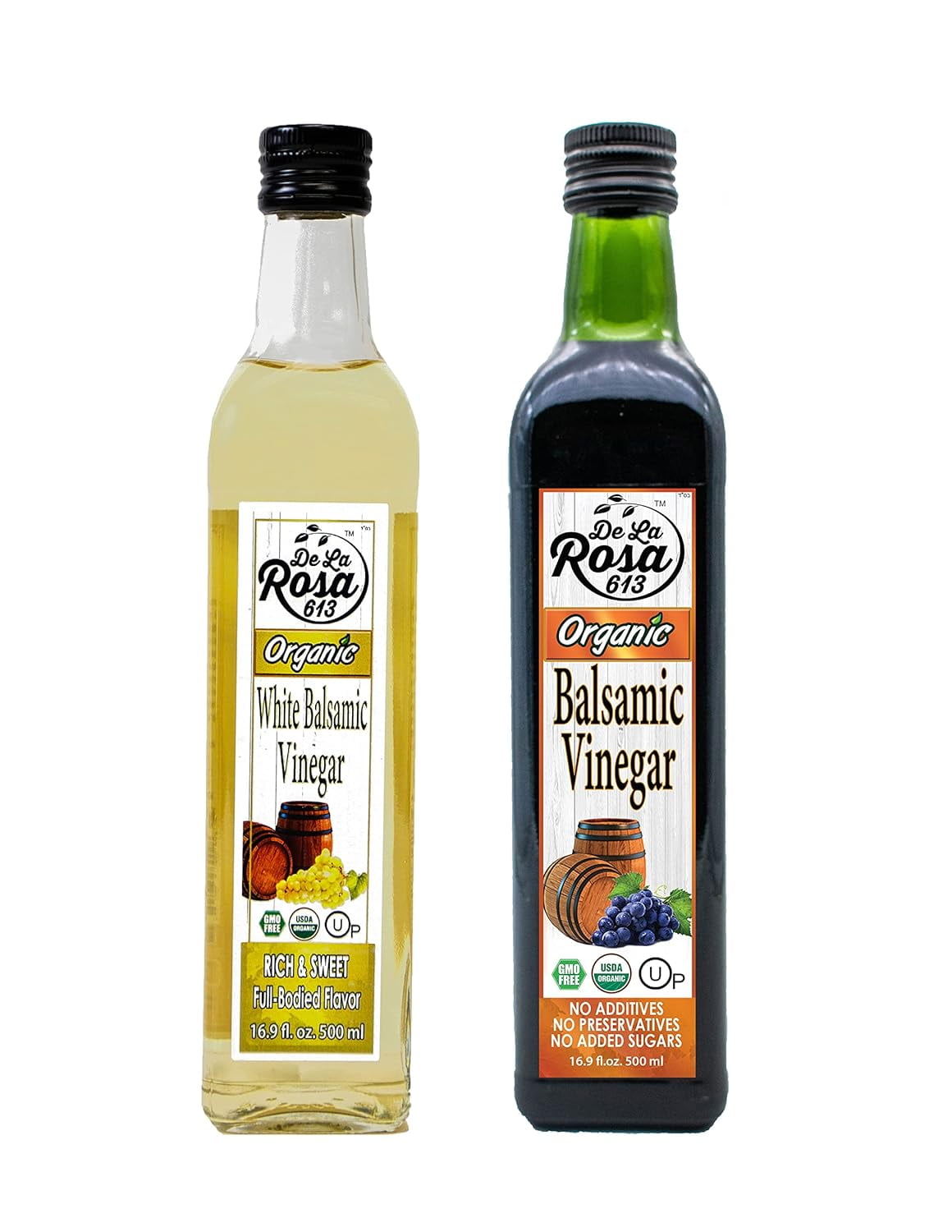 De La Rosa 613 Organic Balsamic & White Balsamic Vinegar, Kosher for Passover, Vegan, Non-GMO & Gluten-Free, 16.9 Oz (Pack of 2)