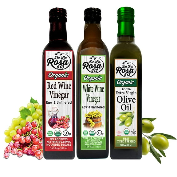 De La Rosa 613 Organic Extra Virgin Olive Oil, Red & White Wine Vinegar, 100% Pure, Vegan, Kosher 16.9 Oz (Pack of 3)