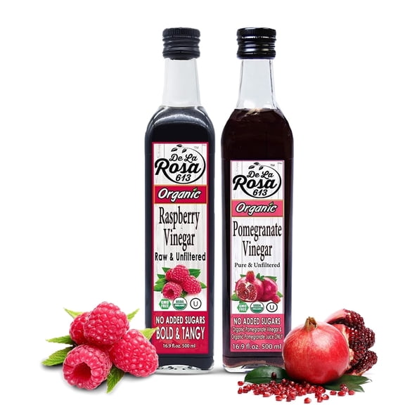 De La Rosa Organic Raspberry & Pomegranate Vinegar Gluten-Free Kosher Raw & Unfiltered 16.9 oz Combo