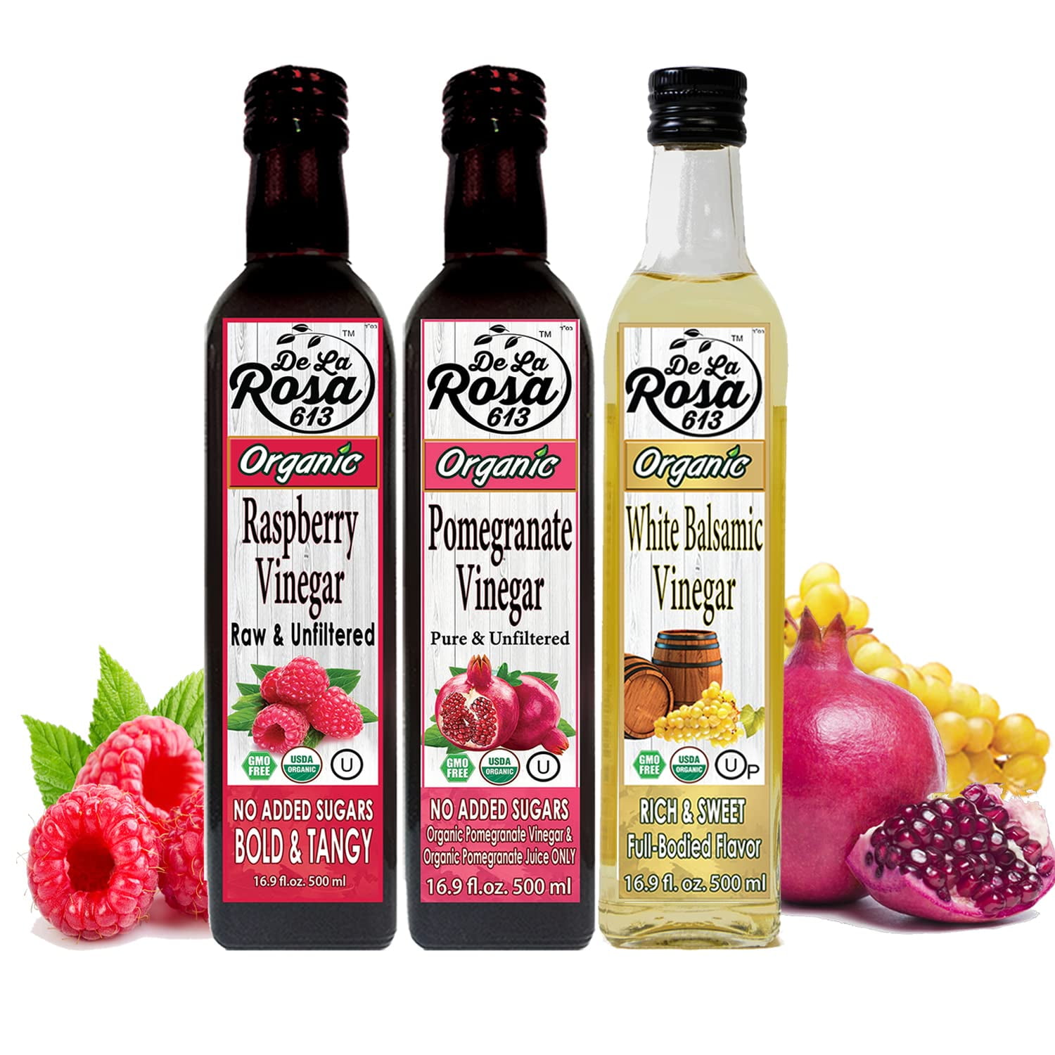 De La Rosa Organic Vinegar Variety Pack, Raspberry, Pomegranate & White