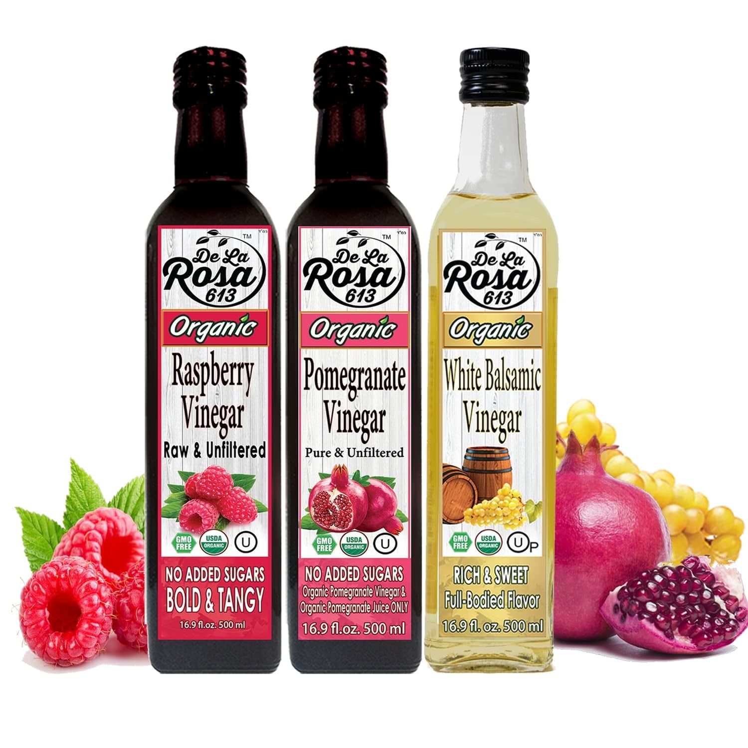 De La Rosa Organic Vinegar Variety Pack, Raspberry, Pomegranate & White Balsamic Vinegar, Vegan, Kosher, Non-GMO