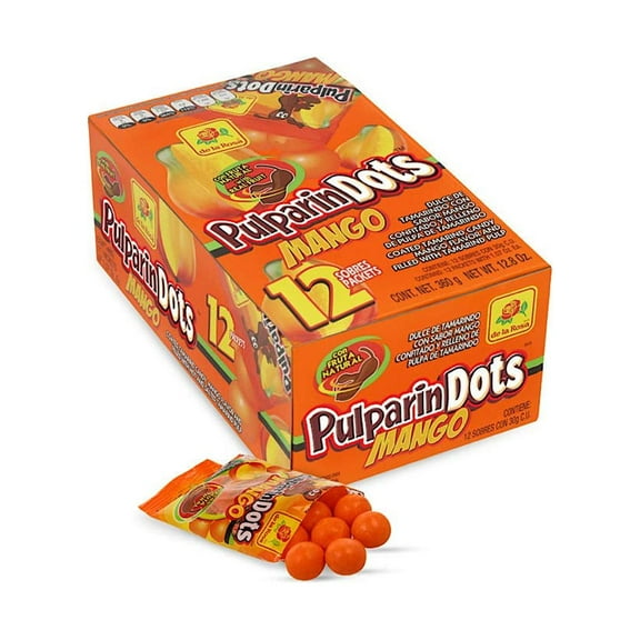 De La Rosa Pulparindots Hot Mango Flavor, 12 Packets, 10 Pcs EA. Authentic Mexican Candy