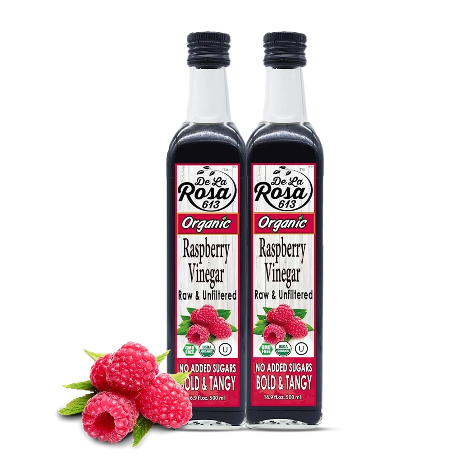 De La Rosa613 Organic Raspberry Vinegar, Raw & Unfiltered, Kosher for Passover, 16.9 Oz (Pack of 2)
