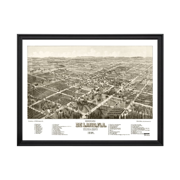 De Land Art, 1884 Vintage Map of De Land Florida, FL History Wall Decor Gift, Old De Land Map - 36" x 24" Black Framed Print