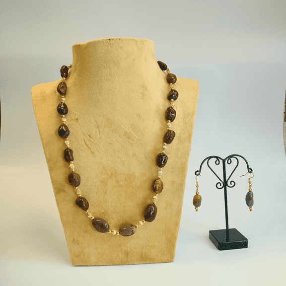 De-Lemon Antique Look Brown Semi-Precious Stone Necklace & Earrings Set