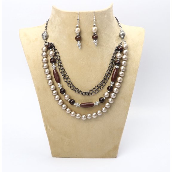 De-Lemon Antique Style Pearl & Wood Bead Layered Necklace & Earrings Set - Vintage Inspired Jewelry