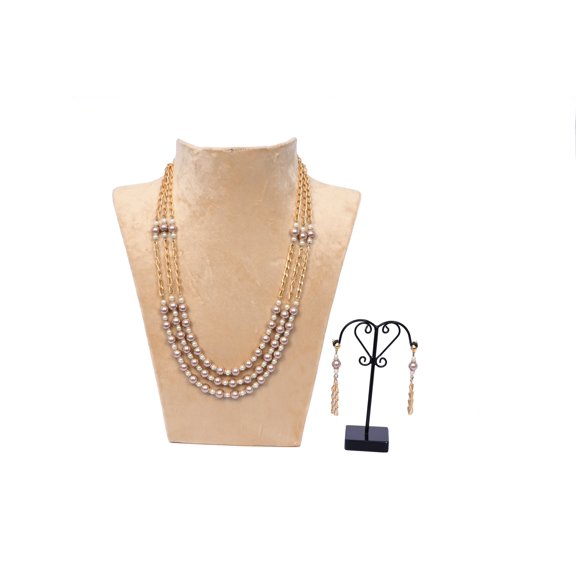 De-Lemon Beige Pearl & Gold Chain Multi-Strand Necklace & Tassel Earrings Set - Bohemian Glam