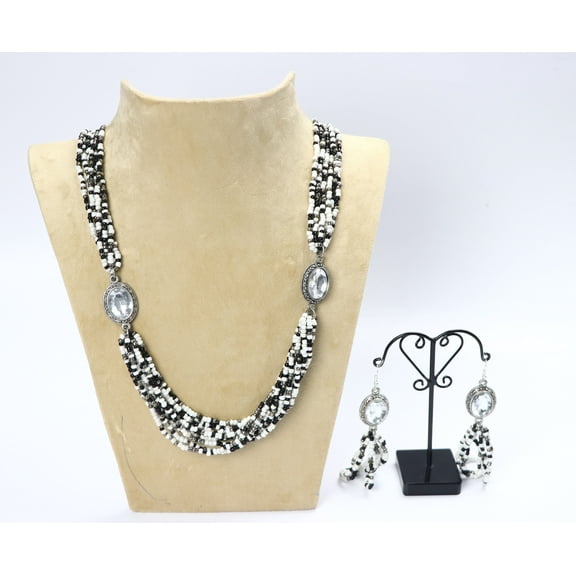 De-Lemon Black & White Seed Bead Necklace with Oval Crystal Accents & Earrings Set - Antique Inspired