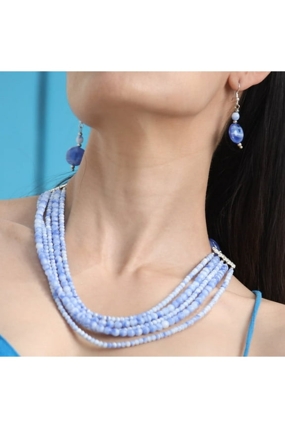 Blue Lace Agate Style Multi-Strand Glass Bead Necklace & Earrings Set
