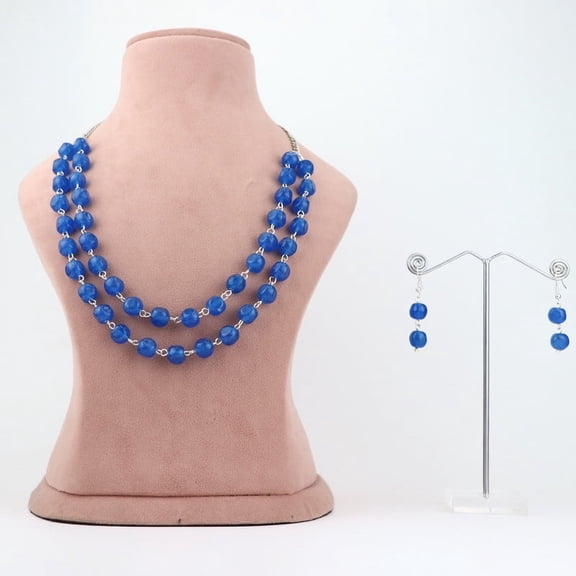 De-Lemon Classic Multi-Strand Blue Beaded Necklace and Earring Set