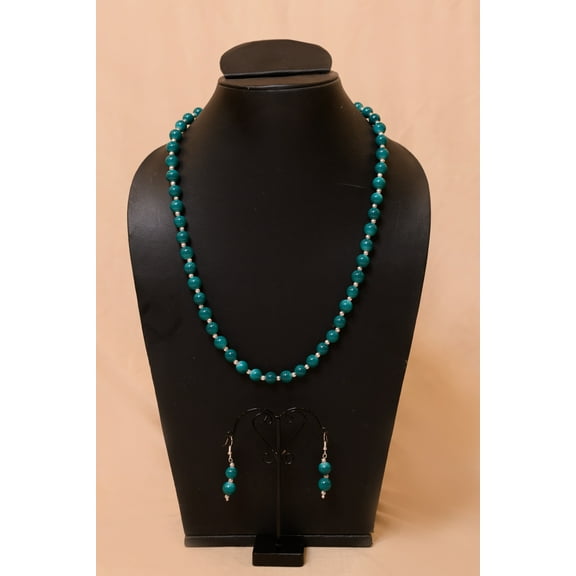 De-Lemon Deep Green Glass Bead Single Strand Necklace & Earrings Set - Classic Elegance