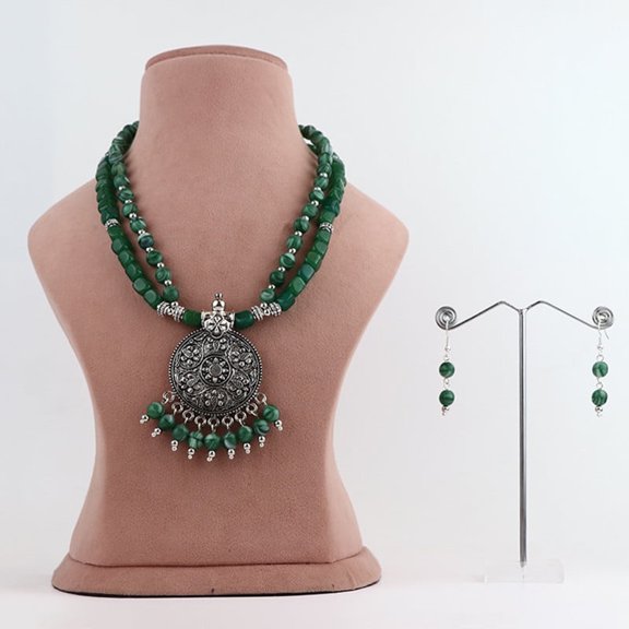 De-Lemon Double-Strand Forest Green Glass Bead Necklace and Earring Set