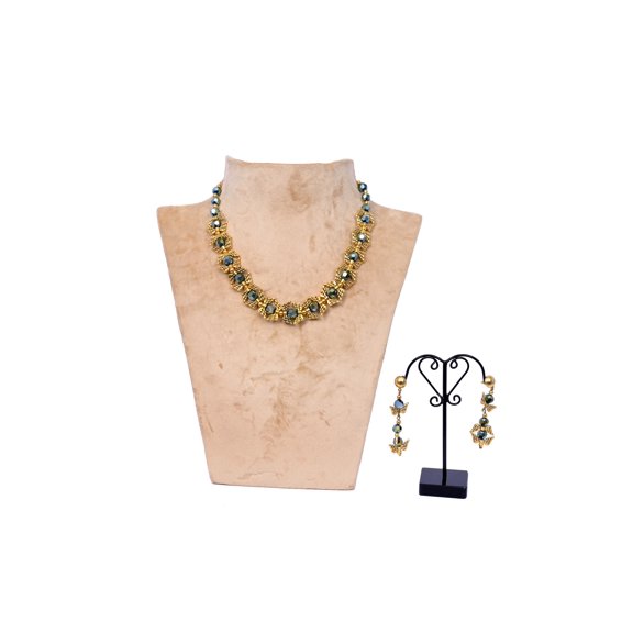 De-Lemon Gold Wirework & Green Gemstone Choker Necklace & Earrings Set - Artisan Glam